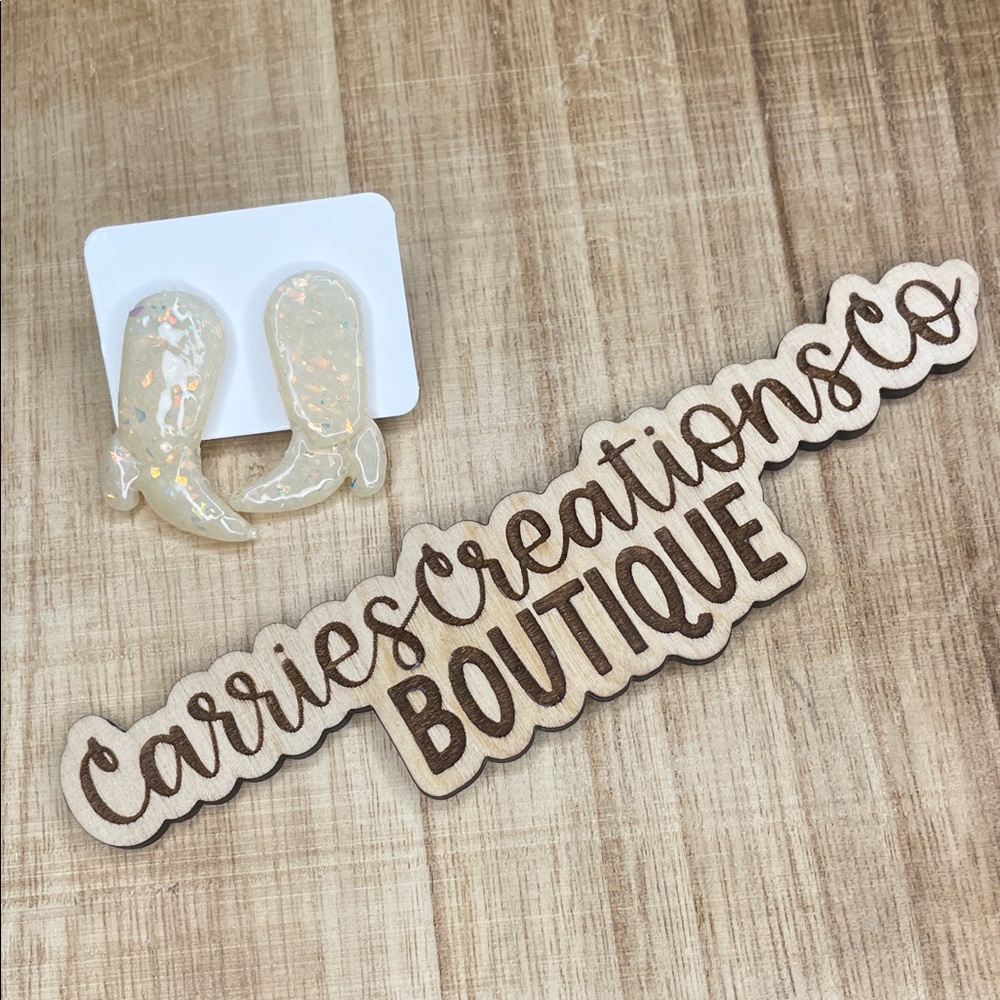Iridescent White Cowboy Boot Stud Earrings